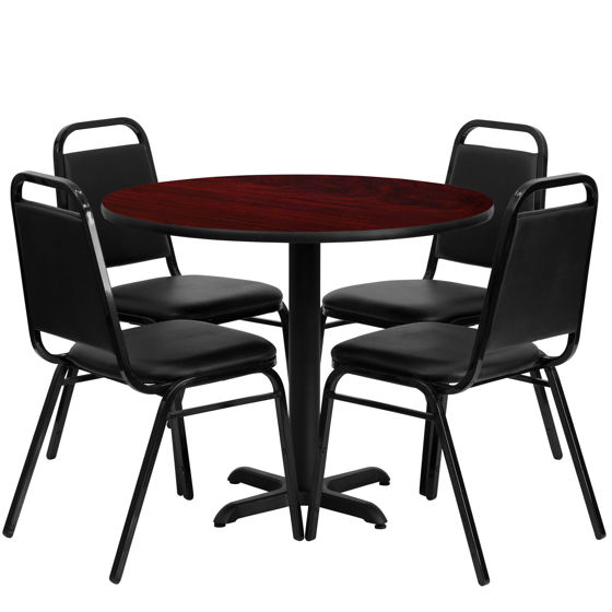 36'' Round Mahogany Laminate Table Set with X-Base and 4 Black Trapezoidal Back Banquet Chairs HDBF1002-GG