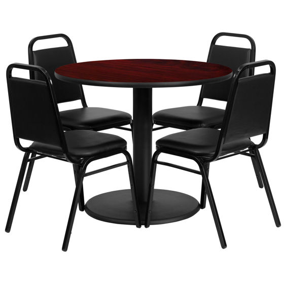 36'' Round Mahogany Laminate Table Set with Round Base and 4 Black Trapezoidal Back Banquet Chairs RSRB1002-GG