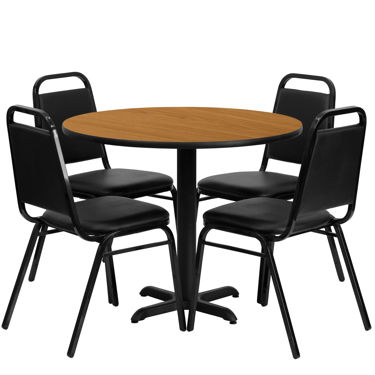 36'' Round Natural Laminate Table Set with X-Base and 4 Black Trapezoidal Back Banquet Chairs HDBF1003-GG