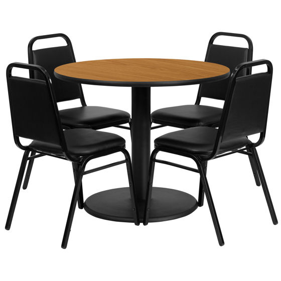 36'' Round Natural Laminate Table Set with Round Base and 4 Black Trapezoidal Back Banquet Chairs RSRB1003-GG