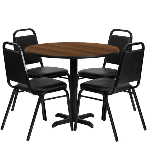 36'' Round Walnut Laminate Table Set with X-Base and 4 Black Trapezoidal Back Banquet Chairs HDBF1004-GG