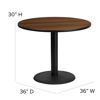 36'' Round Walnut Laminate Table Set with X-Base and 4 Black Trapezoidal Back Banquet Chairs HDBF1004-GG