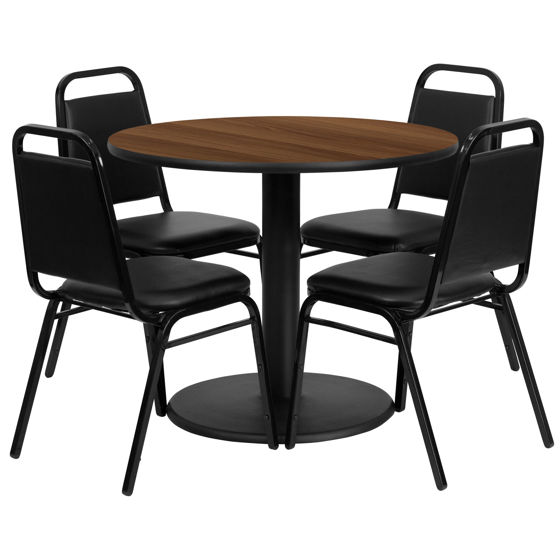 36'' Round Walnut Laminate Table Set with Round Base and 4 Black Trapezoidal Back Banquet Chairs RSRB1004-GG
