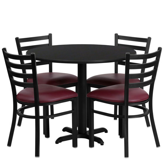 36'' Round Black Laminate Table Set with X-Base and 4 Ladder Back Metal Chairs - Burgundy Vinyl Seat HDBF1005-GG