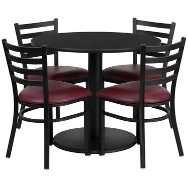 36'' Round Black Laminate Table Set with Round Base and 4 Ladder Back Metal Chairs - Burgundy Vinyl Seat RSRB1005-GG