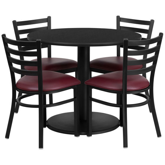 36'' Round Black Laminate Table Set with Round Base and 4 Ladder Back Metal Chairs - Burgundy Vinyl Seat RSRB1005-GG