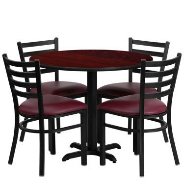 36'' Round Mahogany Laminate Table Set with X-Base and 4 Ladder Back Metal Chairs - Burgundy Vinyl Seat HDBF1006-GG