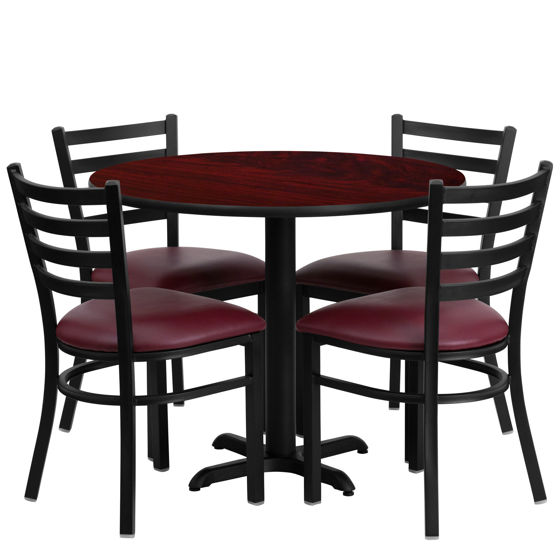 36'' Round Mahogany Laminate Table Set with X-Base and 4 Ladder Back Metal Chairs - Burgundy Vinyl Seat HDBF1006-GG