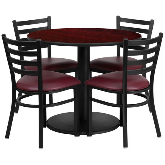 36'' Round Mahogany Laminate Table Set with Round Base and 4 Ladder Back Metal Chairs - Burgundy Vinyl Seat RSRB1006-GG