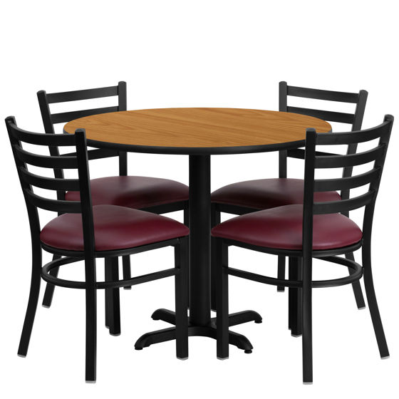 36'' Round Natural Laminate Table Set with X-Base and 4 Ladder Back Metal Chairs - Burgundy Vinyl Seat HDBF1007-GG