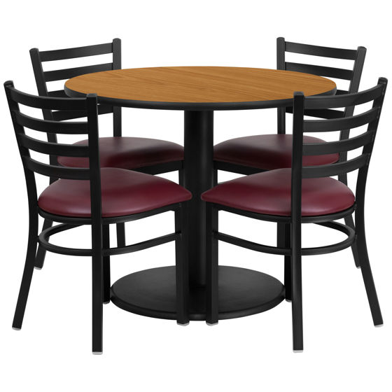 36'' Round Natural Laminate Table Set with Round Base and 4 Ladder Back Metal Chairs - Burgundy Vinyl Seat RSRB1007-GG