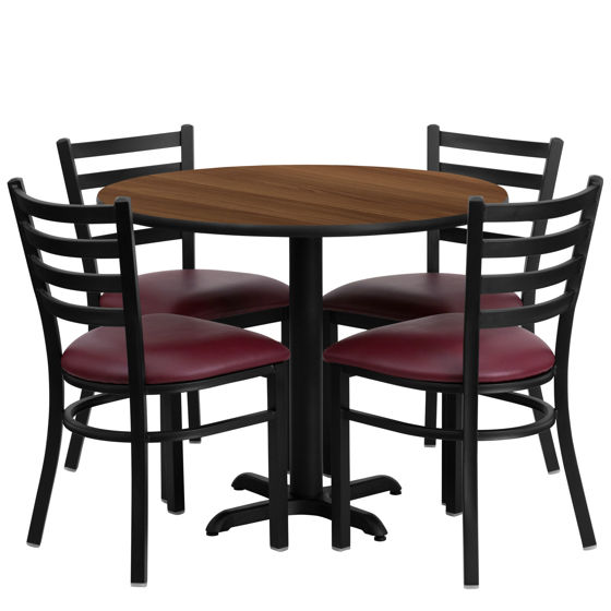 36'' Round Walnut Laminate Table Set with X-Base and 4 Ladder Back Metal Chairs - Burgundy Vinyl Seat HDBF1008-GG