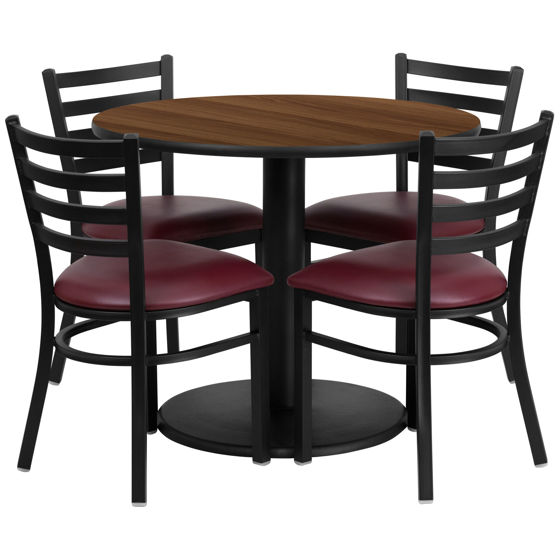 36'' Round Walnut Laminate Table Set with Round Base and 4 Ladder Back Metal Chairs - Burgundy Vinyl Seat RSRB1008-GG