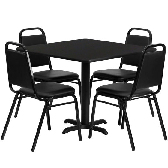 36'' Square Black Laminate Table Set with X-Base and 4 Black Trapezoidal Back Banquet Chairs HDBF1009-GG