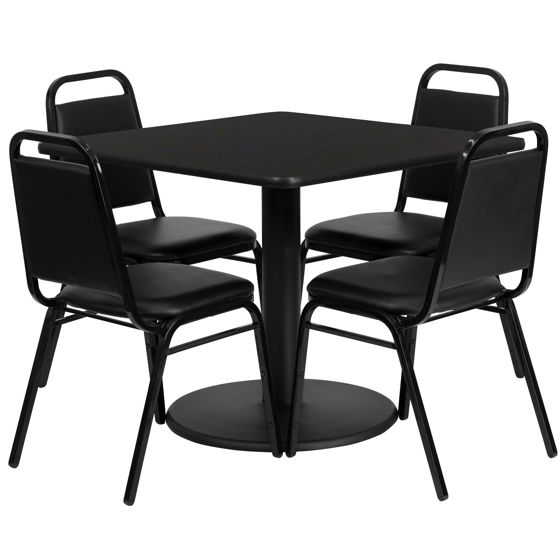 36'' Square Black Laminate Table Set with Round Base and 4 Black Trapezoidal Back Banquet Chairs RSRB1009-GG