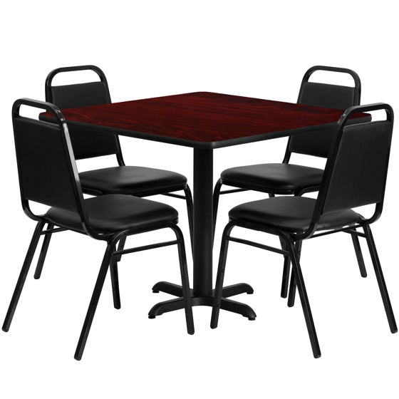 36'' Square Mahogany Laminate Table Set with X-Base and 4 Black Trapezoidal Back Banquet Chairs HDBF1010-GG