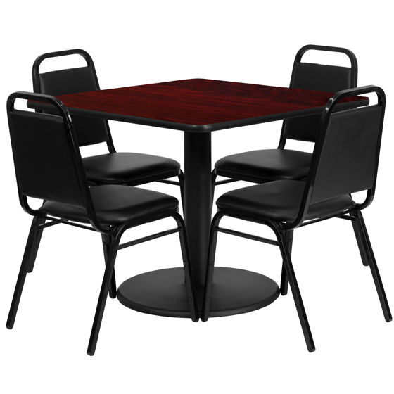 36'' Square Mahogany Laminate Table Set with Round Base and 4 Black Trapezoidal Back Banquet Chairs RSRB1010-GG
