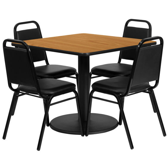 36'' Square Natural Laminate Table Set with Round Base and 4 Black Trapezoidal Back Banquet Chairs RSRB1011-GG