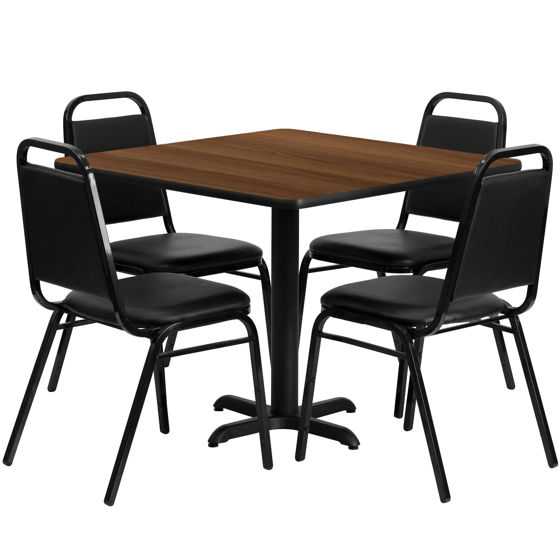 36'' Square Walnut Laminate Table Set with X-Base and 4 Black Trapezoidal Back Banquet Chairs HDBF1012-GG