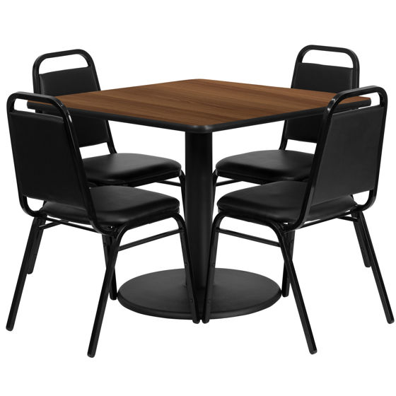 36'' Square Walnut Laminate Table Set with Round Base and 4 Black Trapezoidal Back Banquet Chairs RSRB1012-GG