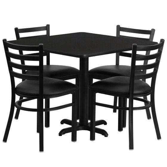 36'' Square Black Laminate Table Set with X-Base and 4 Ladder Back Metal Chairs - Black Vinyl Seat HDBF1013-GG