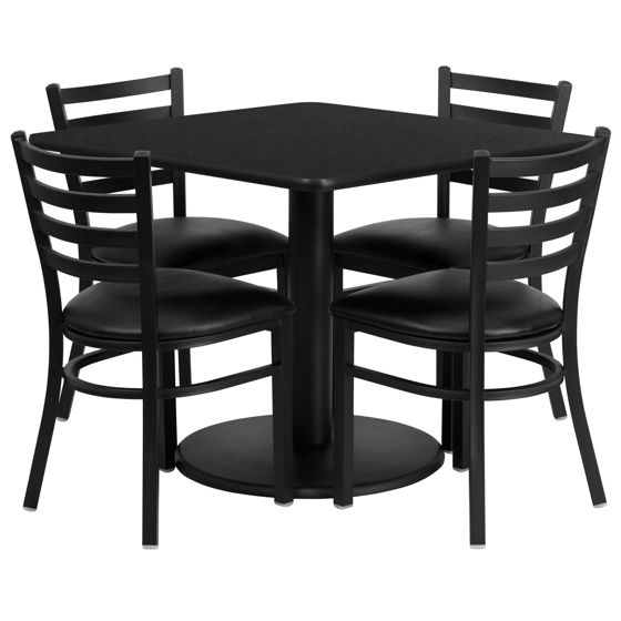 36'' Square Black Laminate Table Set with Round Base and 4 Ladder Back Metal Chairs - Black Vinyl Seat RSRB1013-GG