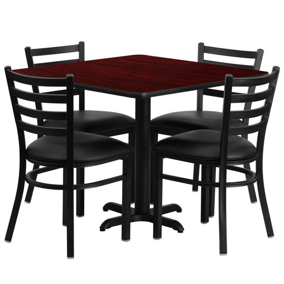 36'' Square Mahogany Laminate Table Set with X-Base and 4 Ladder Back Metal Chairs - Black Vinyl Seat HDBF1014-GG