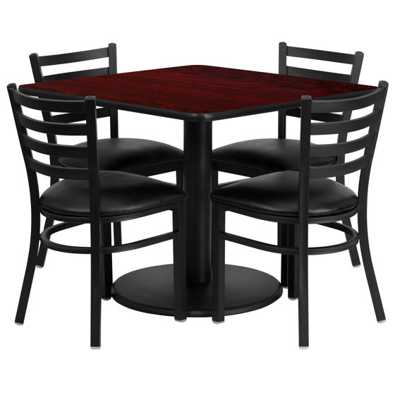 36'' Square Mahogany Laminate Table Set with Round Base and 4 Ladder Back Metal Chairs - Black Vinyl Seat RSRB1014-GG