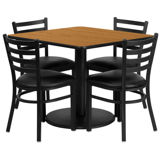 36'' Square Natural Laminate Table Set with Round Base and 4 Ladder Back Metal Chairs - Black Vinyl Seat RSRB1015-GG