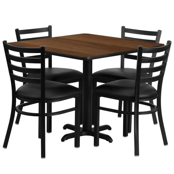 36'' Square Walnut Laminate Table Set with X-Base and 4 Ladder Back Metal Chairs - Black Vinyl Seat HDBF1016-GG