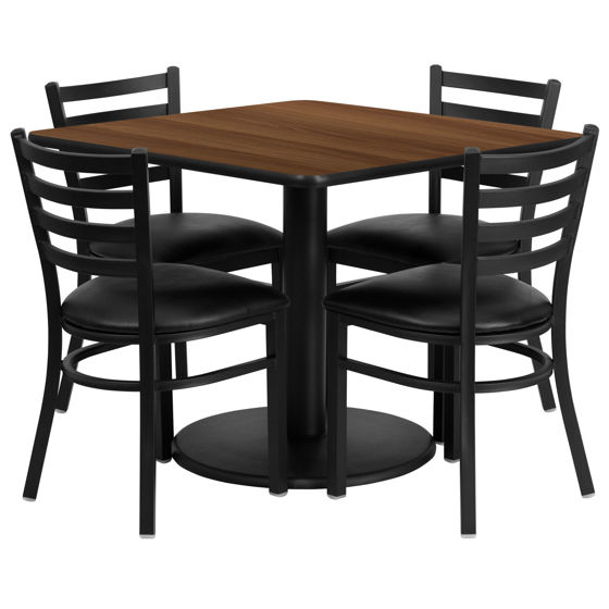 36'' Square Walnut Laminate Table Set with Round Base and 4 Ladder Back Metal Chairs - Black Vinyl Seat RSRB1016-GG