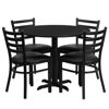 36'' Round Black Laminate Table Set with X-Base and 4 Ladder Back Metal Chairs - Black Vinyl Seat HDBF1029-GG