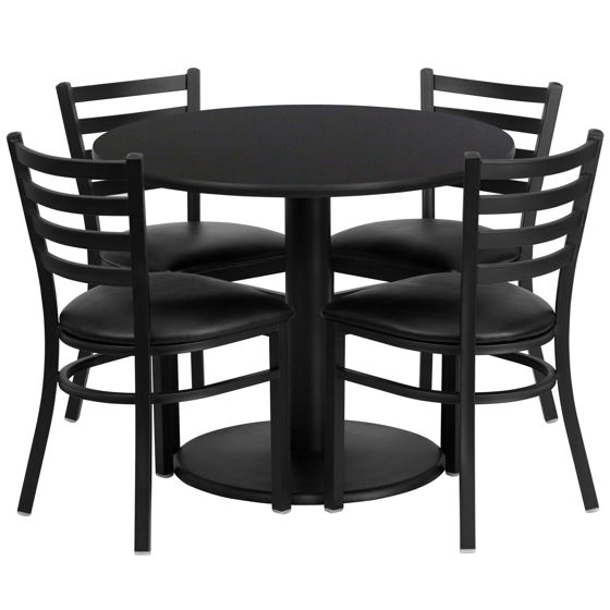 36'' Round Black Laminate Table Set with Round Base and 4 Ladder Back Metal Chairs - Black Vinyl Seat RSRB1029-GG