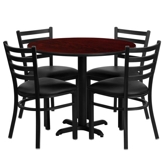 36'' Round Mahogany Laminate Table Set with X-Base and 4 Ladder Back Metal Chairs - Black Vinyl Seat HDBF1030-GG