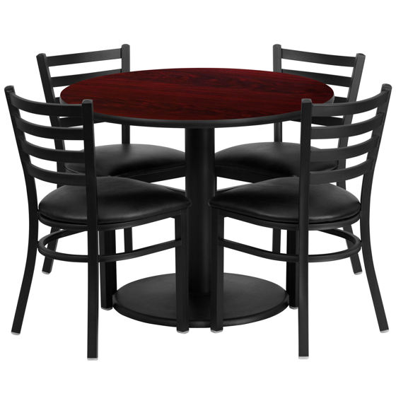 36'' Round Mahogany Laminate Table Set with Round Base and 4 Ladder Back Metal Chairs - Black Vinyl Seat RSRB1030-GG