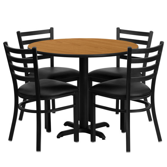 36'' Round Natural Laminate Table Set with X-Base and 4 Ladder Back Metal Chairs - Black Vinyl Seat HDBF1031-GG