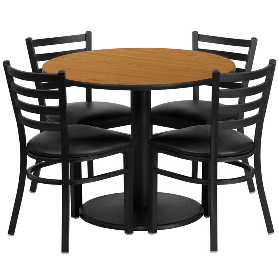 36'' Round Natural Laminate Table Set with Round Base and 4 Ladder Back Metal Chairs - Black Vinyl Seat RSRB1031-GG