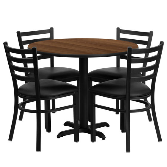 36'' Round Walnut Laminate Table Set with X-Base and 4 Ladder Back Metal Chairs - Black Vinyl Seat HDBF1032-GG