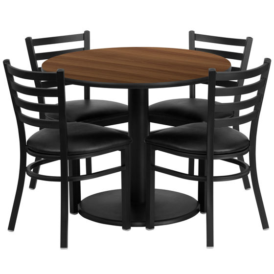 36'' Round Walnut Laminate Table Set with Round Base and 4 Ladder Back Metal Chairs - Black Vinyl Seat RSRB1032-GG