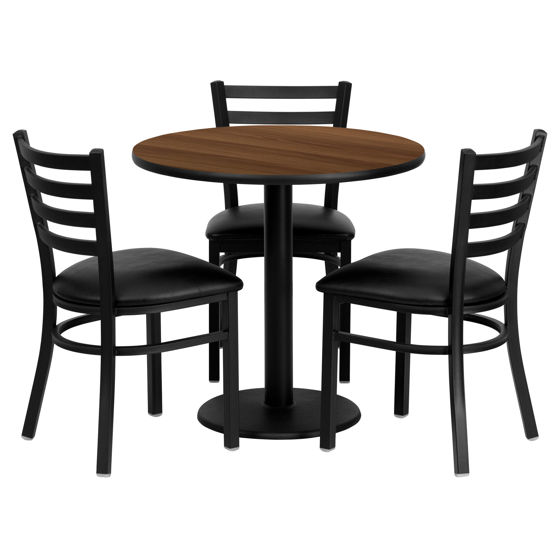 30'' Round Walnut Laminate Table Set with 3 Ladder Back Metal Chairs - Black Vinyl Seat MD-0002-GG