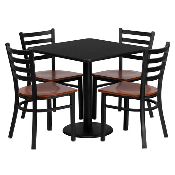 30'' Square Black Laminate Table Set with 4 Ladder Back Metal Chairs - Cherry Wood Seat  MD-0003-GG