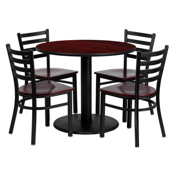 36'' Round Mahogany Laminate Table Set with 4 Ladder Back Metal Chairs - Mahogany Wood Seat MD-0004-GG