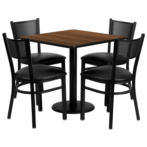 30'' Square Walnut Laminate Table Set with 4 Grid Back Metal Chairs - Black Vinyl Seat MD-0005-GG