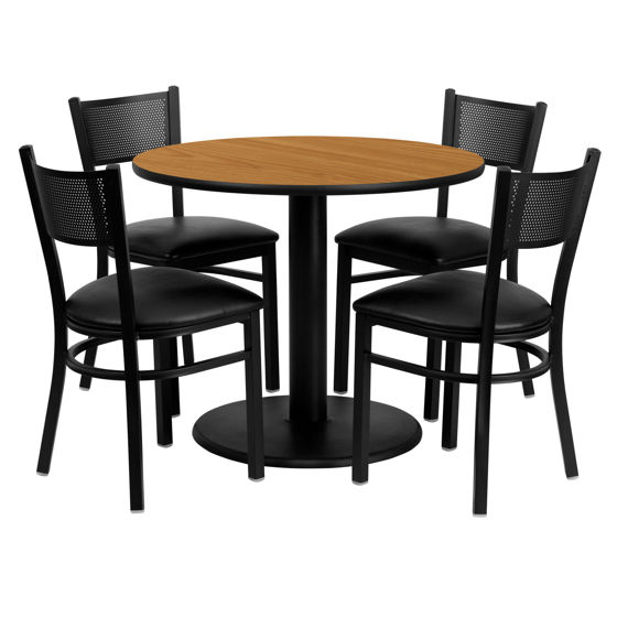 36'' Round Natural Laminate Table Set with 4 Grid Back Metal Chairs - Black Vinyl Seat MD-0006-GG