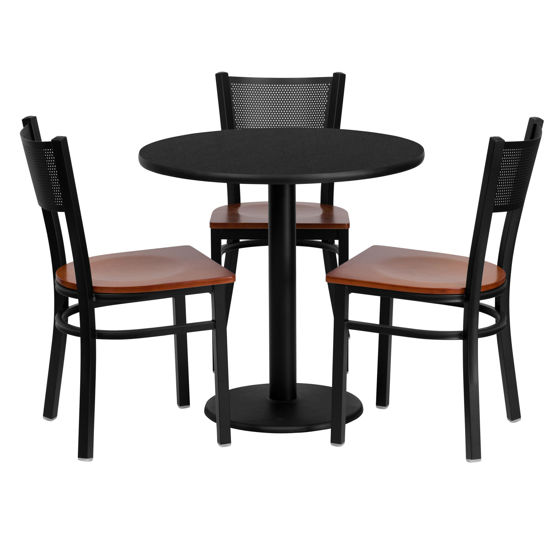 30'' Round Black Laminate Table Set with 3 Grid Back Metal Chairs - Cherry Wood Seat MD-0007-GG