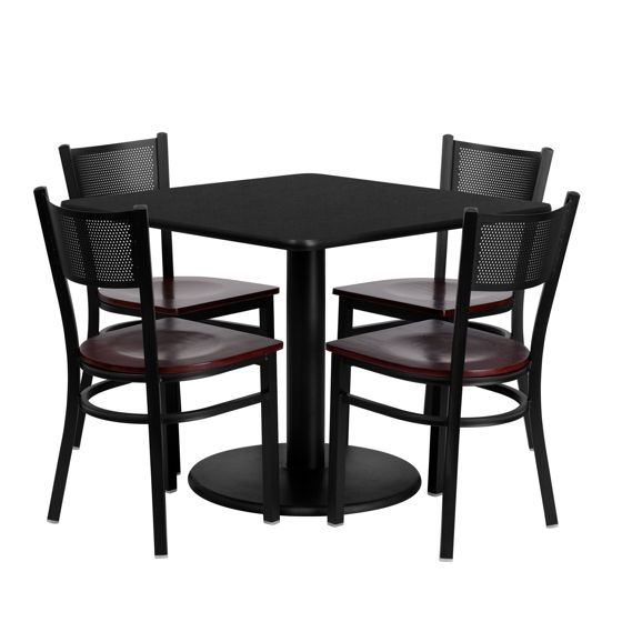 36'' Square Black Laminate Table Set with 4 Grid Back Metal Chairs - Mahogany Wood Seat MD-0008-GG