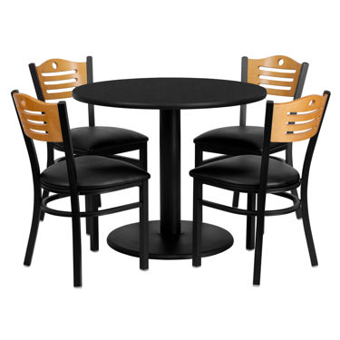 36'' Round Black Laminate Table Set with 4 Wood Slat Back Metal Chairs - Black Vinyl Seat MD-0009-GG