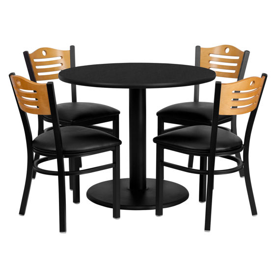 36'' Round Black Laminate Table Set with 4 Wood Slat Back Metal Chairs - Black Vinyl Seat MD-0009-GG