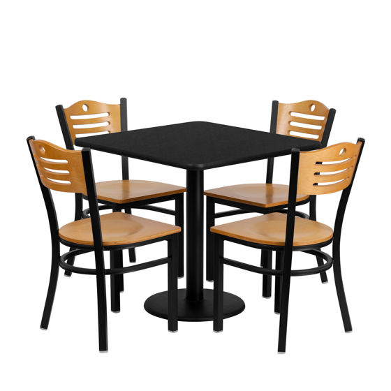 30'' Square Black Laminate Table Set with 4 Wood Slat Back Metal Chairs - Natural Wood Seat MD-0010-GG