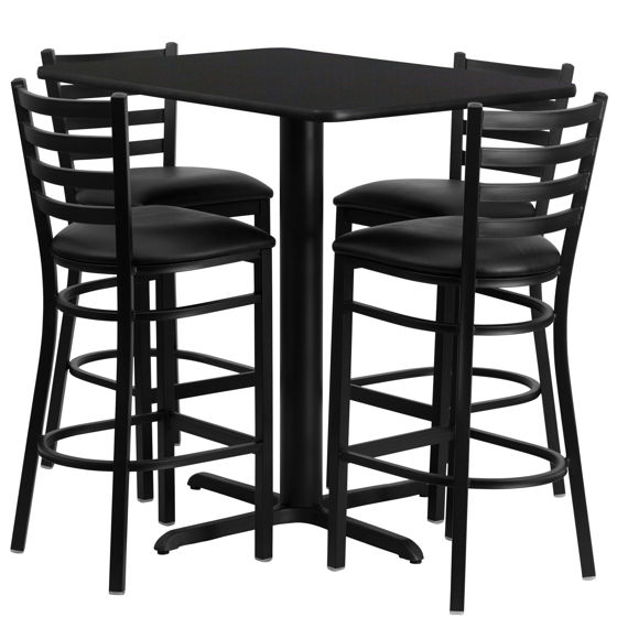 24''W x 42''L Rectangular Black Laminate Table Set with 4 Ladder Back Metal Barstools - Black Vinyl Seat HDBF1017-GG